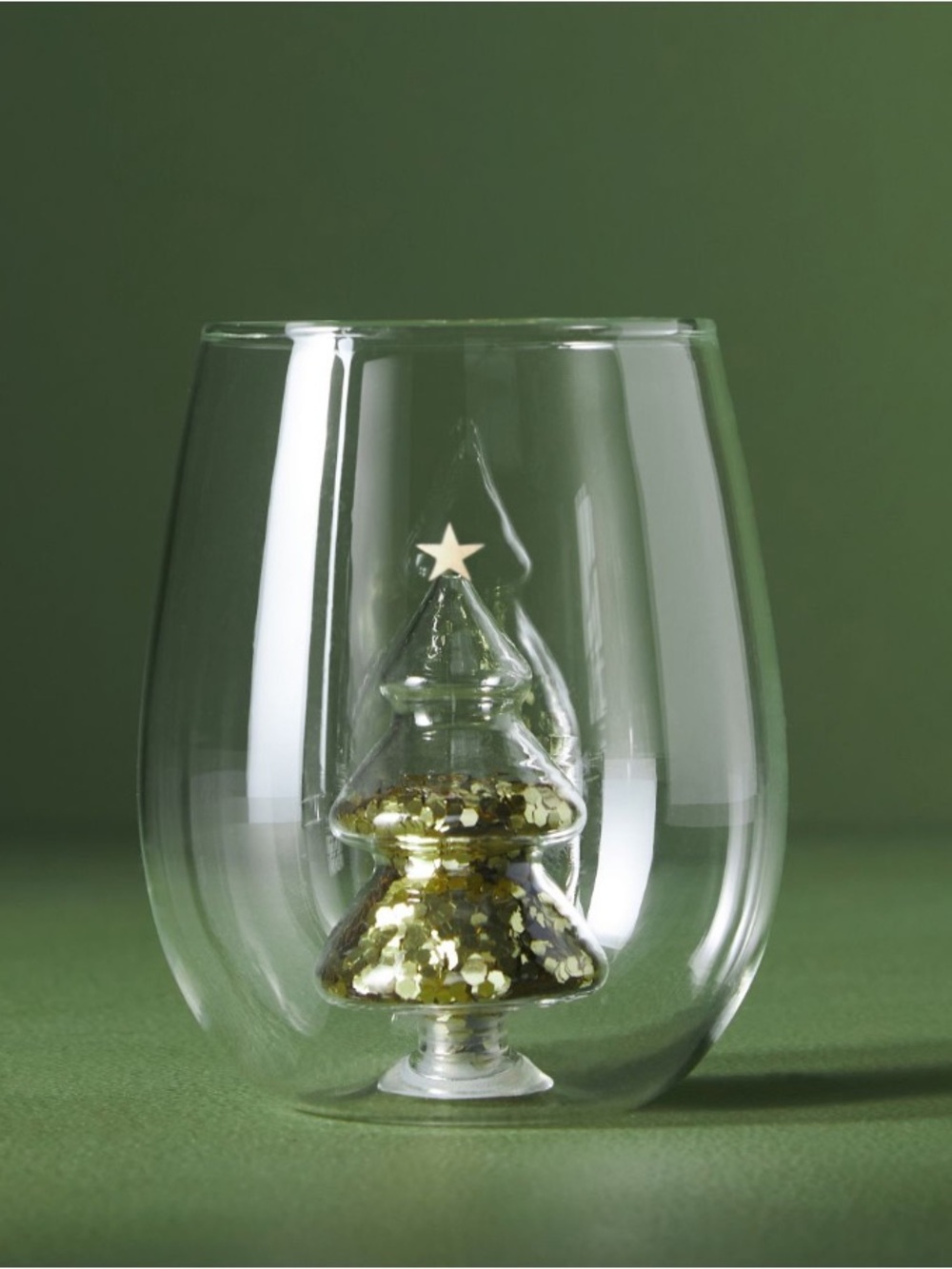 Anthropologie Yuletide stemless wine Glass with Gold Glitter Tree Accent